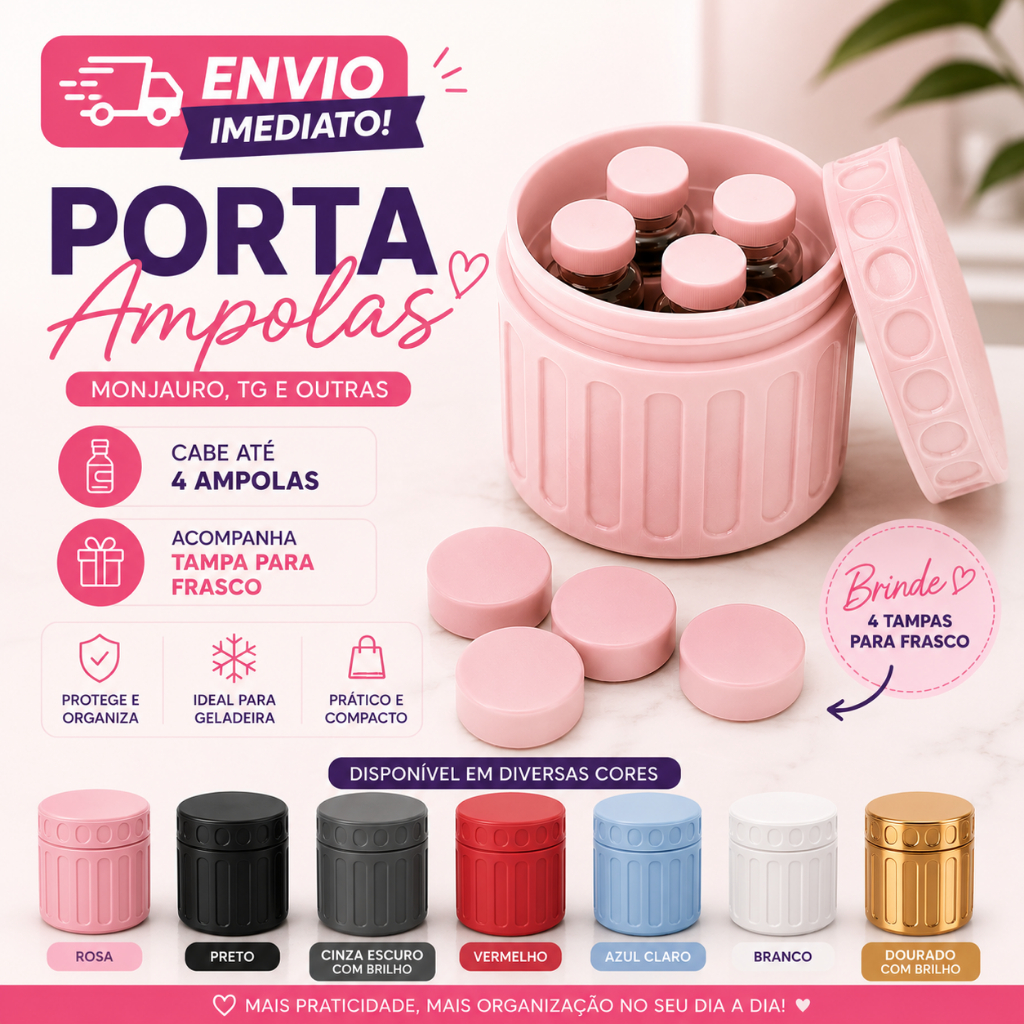 ENVIO RÁPIDO - Porta Ampolas 3ml/5ml para 4 Unidades + 4 Tampas Grátis | Estojo Organizador para Ampolas