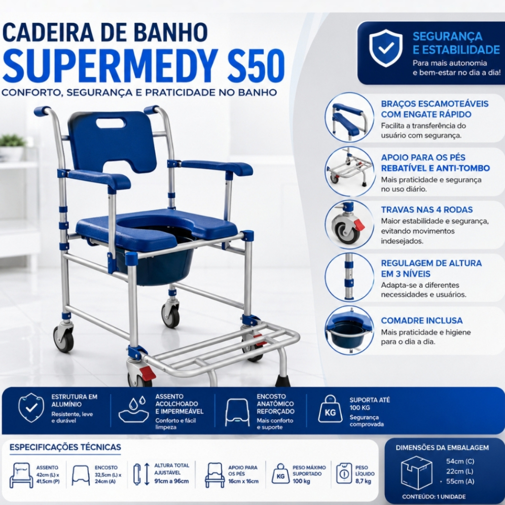 Cadeira de Banho Reabilitação Alumínio 4 Rodas Assento Almofadado