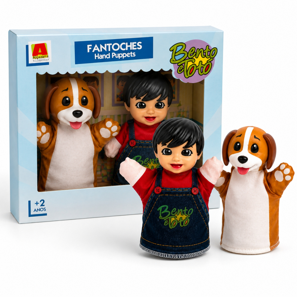 Fantoche Bento e Totó Oficial Kit 2 Bonecos de Mão Infantil Teatro Educativo Brinquedo