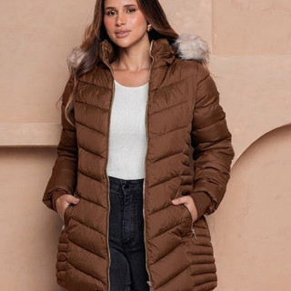 Jaqueta Alongada Feminina Puffer com Capuz Peluciado