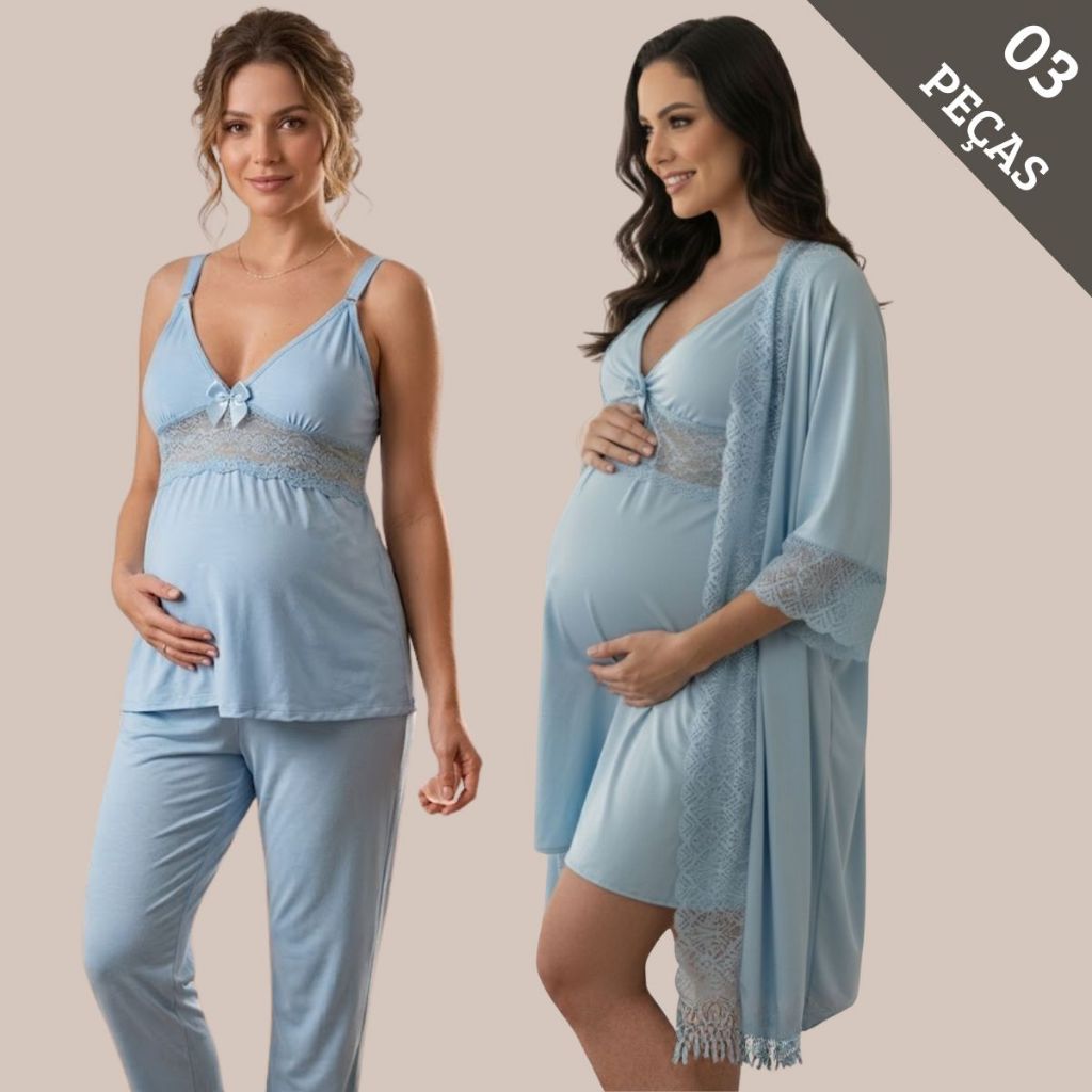 KIT 03 Peças Amamentação Pijama CALÇA DOLL com Blusa em Click + CAMISOLA Maternidade e Pós Parto + ROBE Luxo.