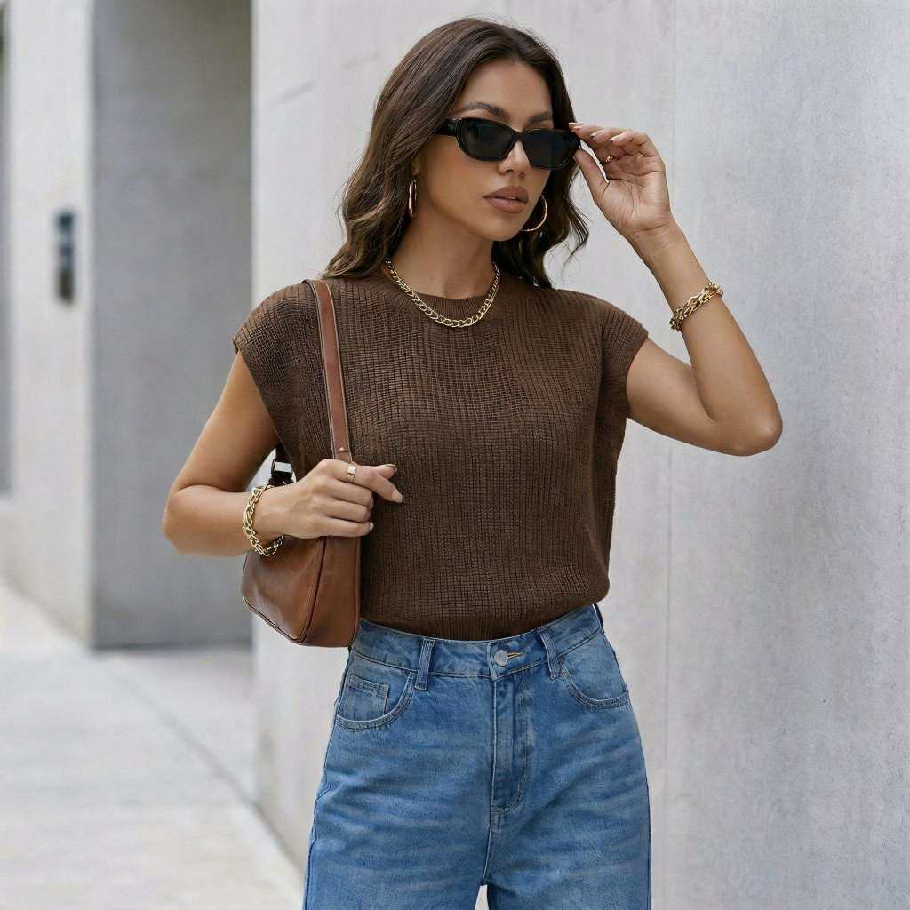 Blusa Feminina Morcego Básica RIBANA CANELADA Simples Trabalho Gola Redonda Tendência Camiseta