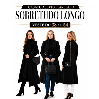 CASACO FLANELADO SOBRETUDO FEMININO PRETO CASAQUINHO ABERTO SOBRETUDO PLUS SIZE SOCIAL BLASER LONGO DE INVERNO