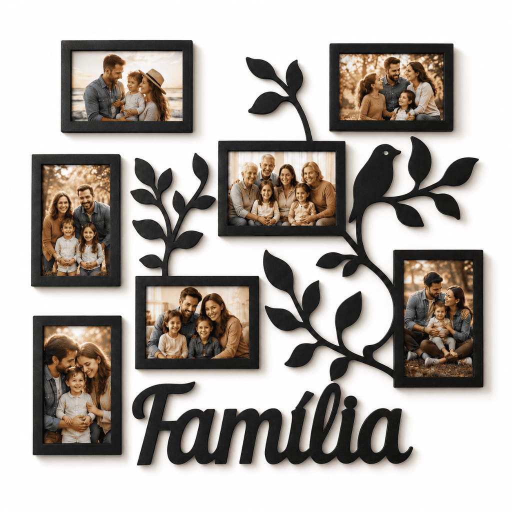 Porta Retrato Familia 10x15 MDF 7 Fotos Quadro Decorativo Parede Sala Quarto 50x45cm 3 Cores