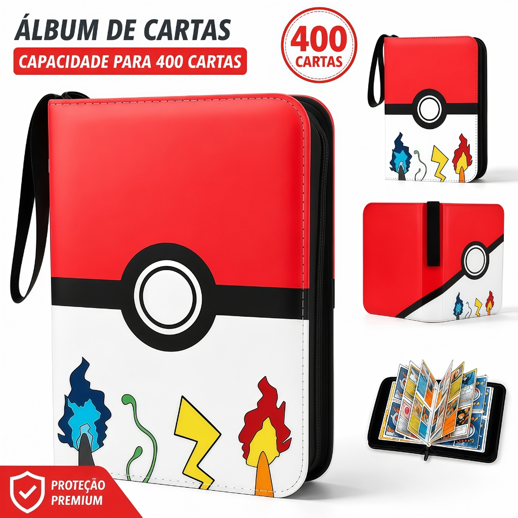 Fichário Pokémon para 400 Cartas Álbum com Zíper Pasta TCG Colecionador 50 Folhas Capa Dura Proteção de Cards Premium