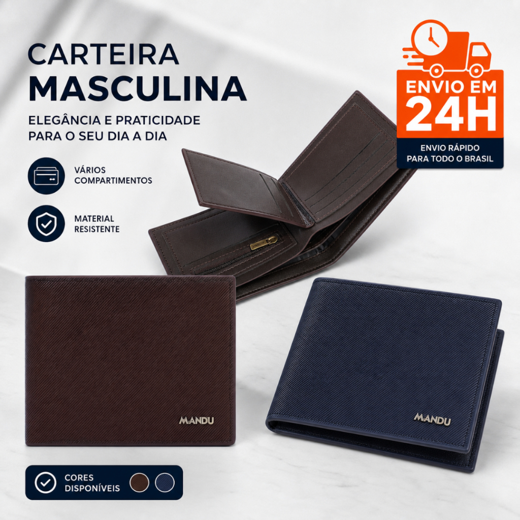 Carteira Masculina Slim Couro PU, Porta Cartões, Bolso para Moedas, Carteira Compacta para Homem