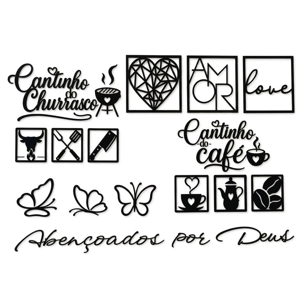 Kit Quadros Decorativos MDF Casa Completa Cantinho Café Churrasco Love Borboletas