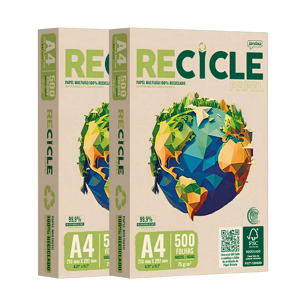 Kit Papel Sulfite A4 Reciclado Jandaia Recicle 75g 1000 Folhas - 2 Resmas