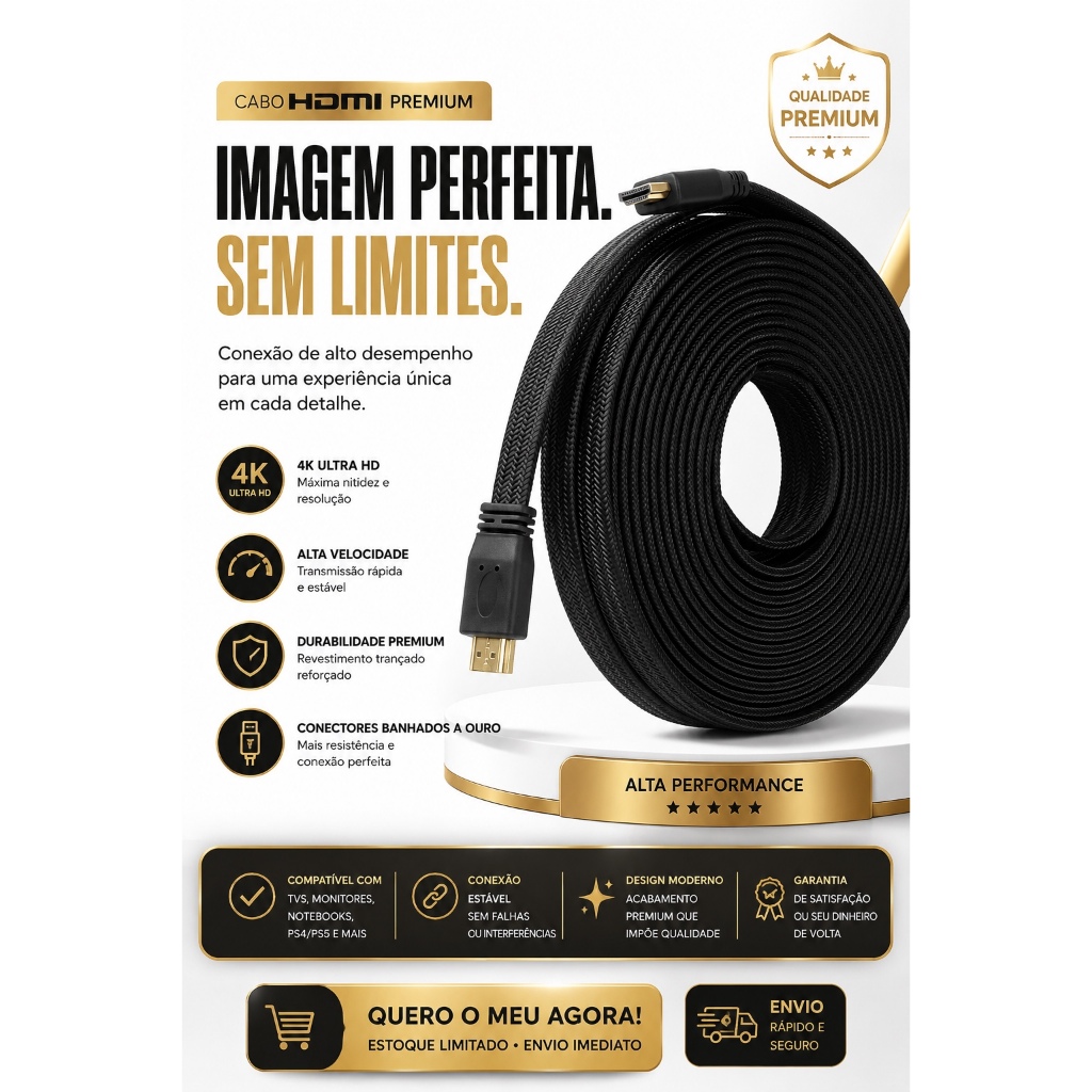 Cabo HDMI Premium 4K Ultra HD Alta Velocidade com Conectores Banhados a Ouro | C