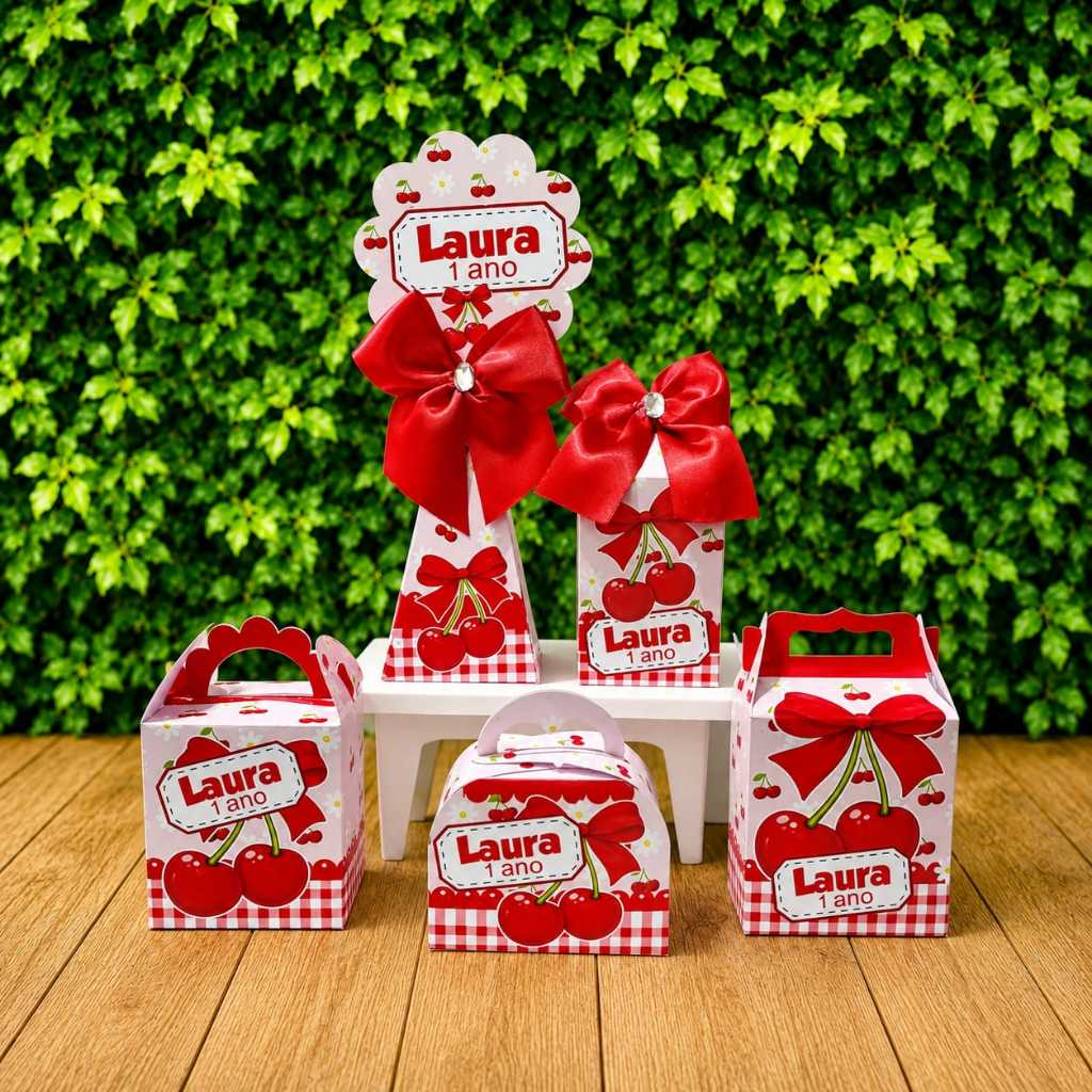 Kit Festa CEREJA / CEREJINHA - Caixas Personalizadas PEGUEeMONTE Infantil Lembrancinha Decoração