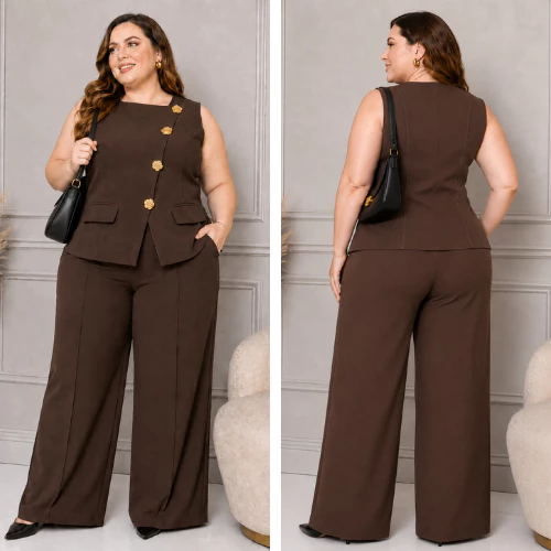 Conjunto de Alfaiataria Premium Plus Size – Elegância e Conforto com Botões Dourados — imagem 1