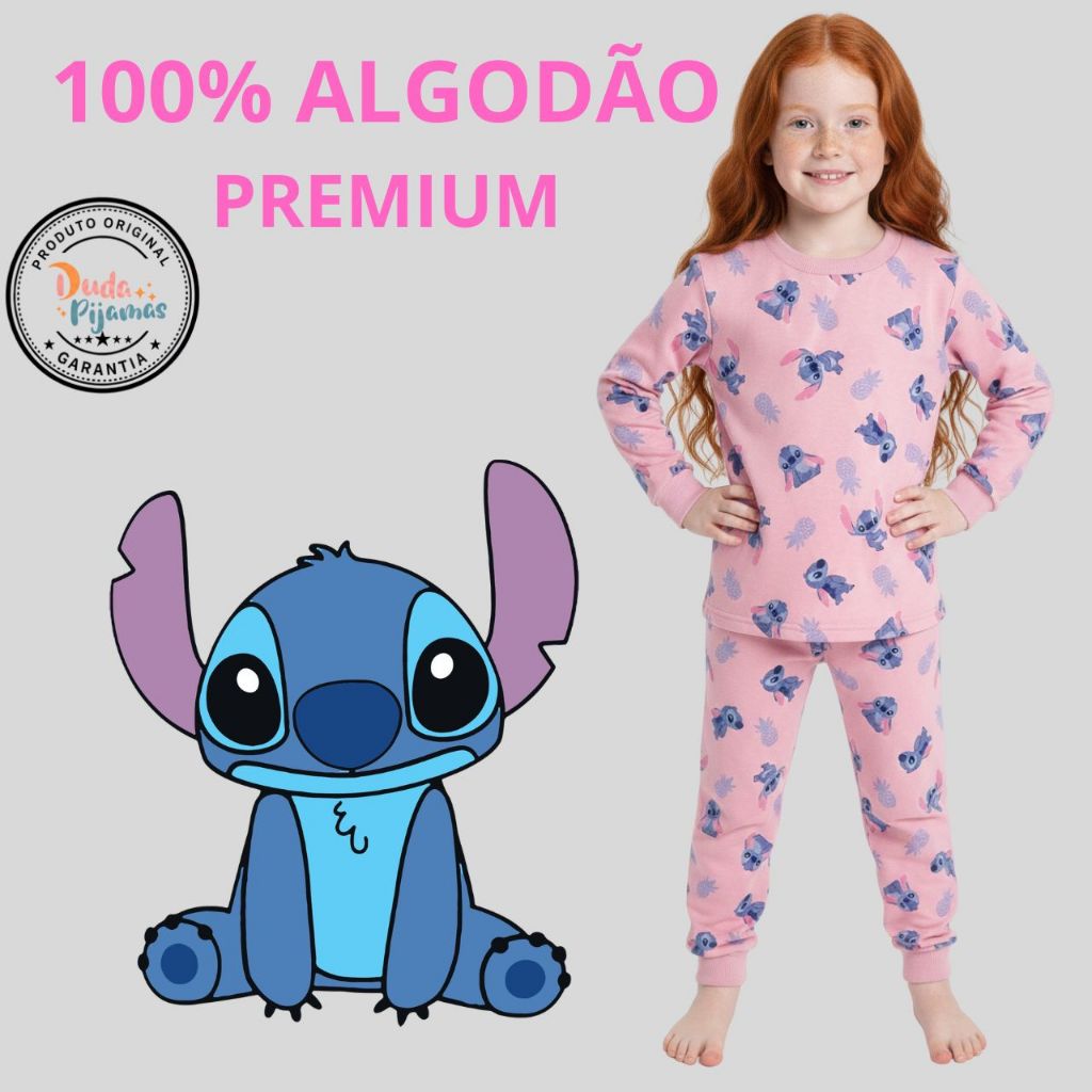 Pijama Infantil Menina Stitch Algodão Feminino  Frio Calça Verão Shorts Camiseta Manga Longa Macio Personagem kit Promoç
