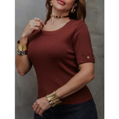 Blusa Feminina Modal Manga Curta Gola Redonda com Botão Elegante Confortável SD1756