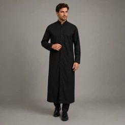 Balandrau Maçônico Masculino Longo em Gabardine Preta com Gola Padre e Botões Cobertos, maçonaria ritualística