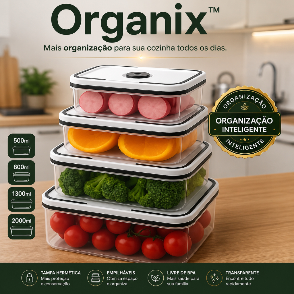 Kit 4 Potes Herméticos Organix™ Plástico Transparente com Tampa Organizador de Geladeira Mantimentos Alimentos 500ml 800