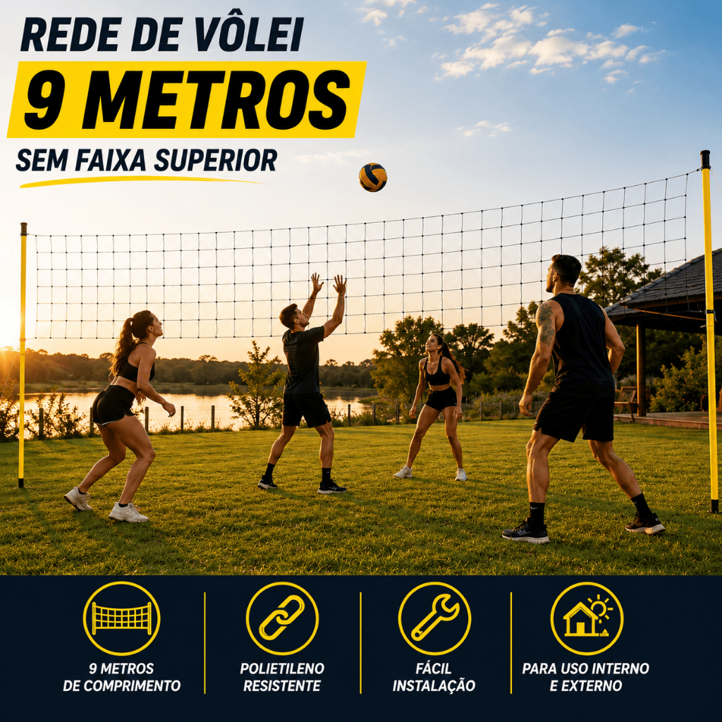 Rede Vôlei 9m Recreação Sem Faixa Reforçada Alta Resistência Para Piscina Praia Quadra Quintal