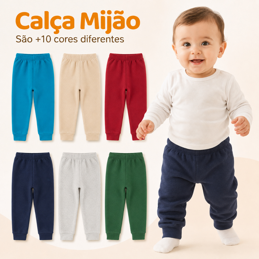 KIT 3 Calça Mijão Bebê Moletom 100% Algodão Infantil Menino Menina Confortável Cores Sortidas