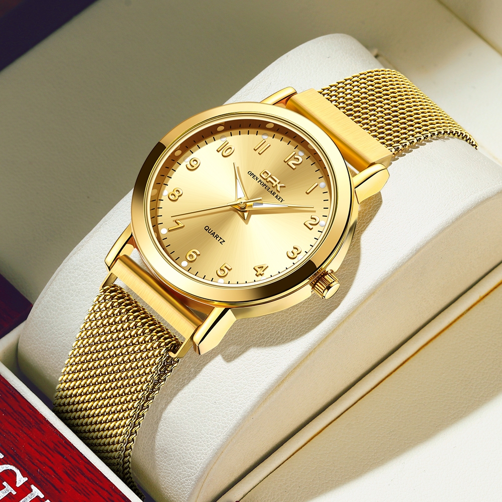 OPK Relógio Feminino Dourado à Prova d'Água Elegante Pulseira Malha Aço Moda Sim