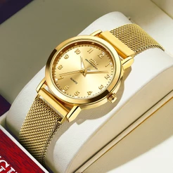 OPK Relógio Feminino Dourado à Prova d'Água Elegante Pulseira Malha Aço Moda Simples Moderno Quartzo 8115