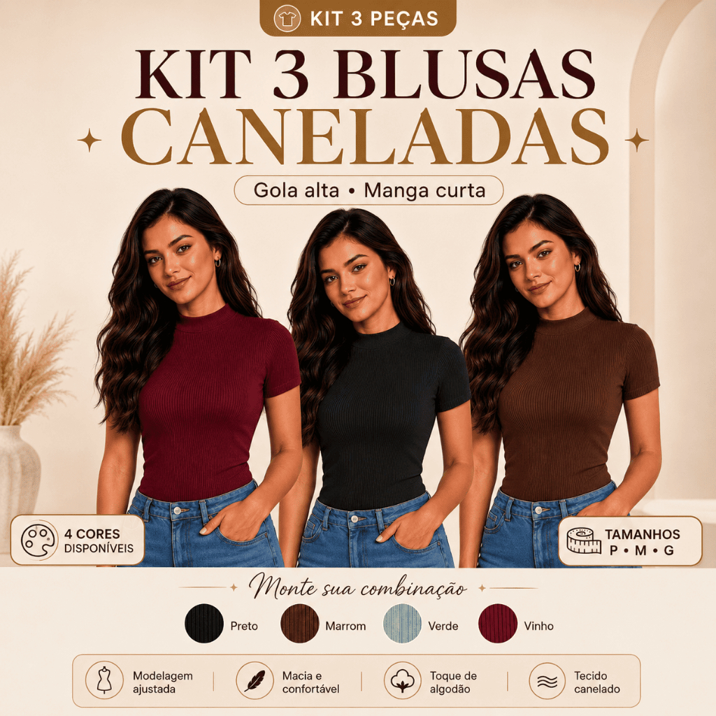 KIT Blusa Feminina Canelada Gola Alta Redonda Manga Curta Básica Ajustada Confortável Elegante