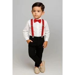 Calça Preta e Camisa com Gravata e Suspensório Vermelho Infantil