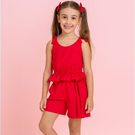 Conjunto Infantil Menina Verão, Vermelho para Natal – Blusa Cropped com Babado e Short Cintura Alta, Roupa com Estilosa