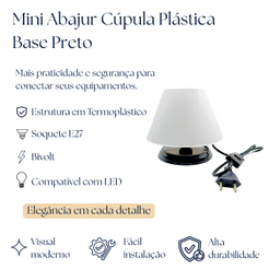 Mini Abajur Infantil Cúpula Plástica Base Preta E27 Bivolt Branco Azul Rosa Bege Preto Salmão 127/220v