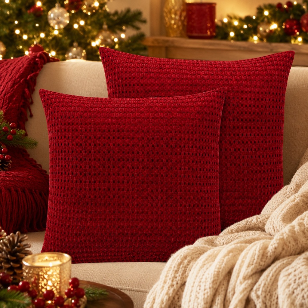 Kit 2 Capas De Almofadas C/ Zíper Embutido Piquet Decorativa Para Natal Natalino Feliz Natal Papai Noel Vermelho
