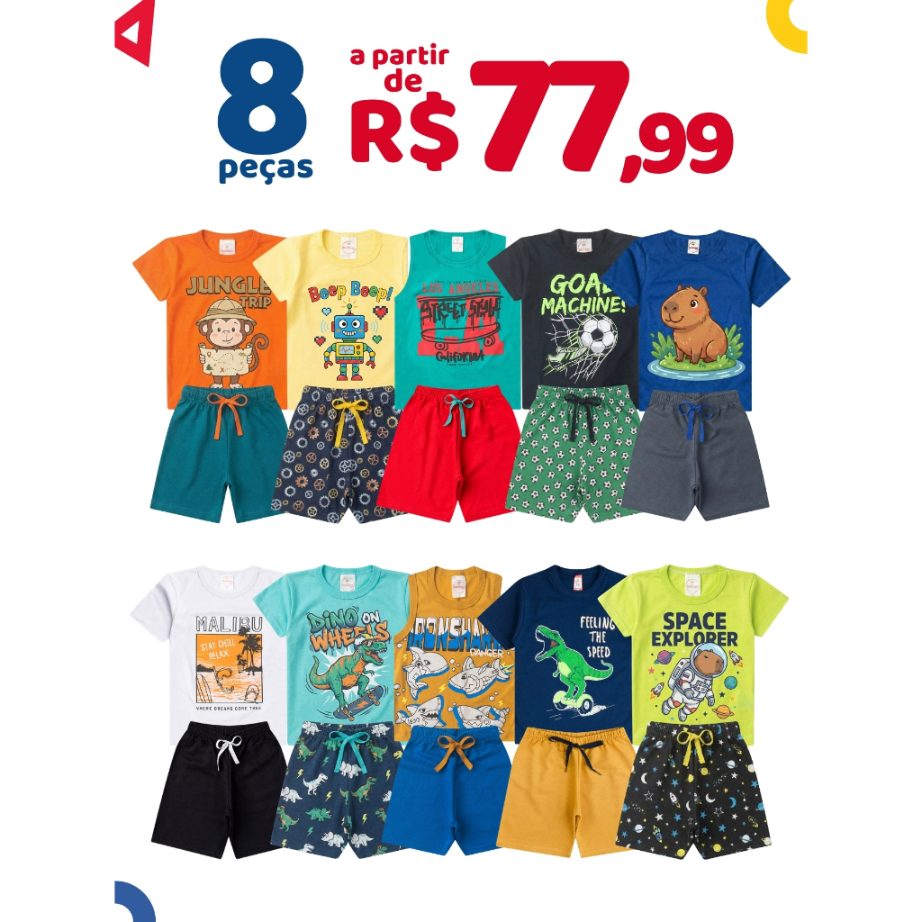 Kit 8 Peças Roupa Infantil Menino Verão Sortido Conjunto Masculino Criança Algodão 4 Camisetas + 4 Bermudas