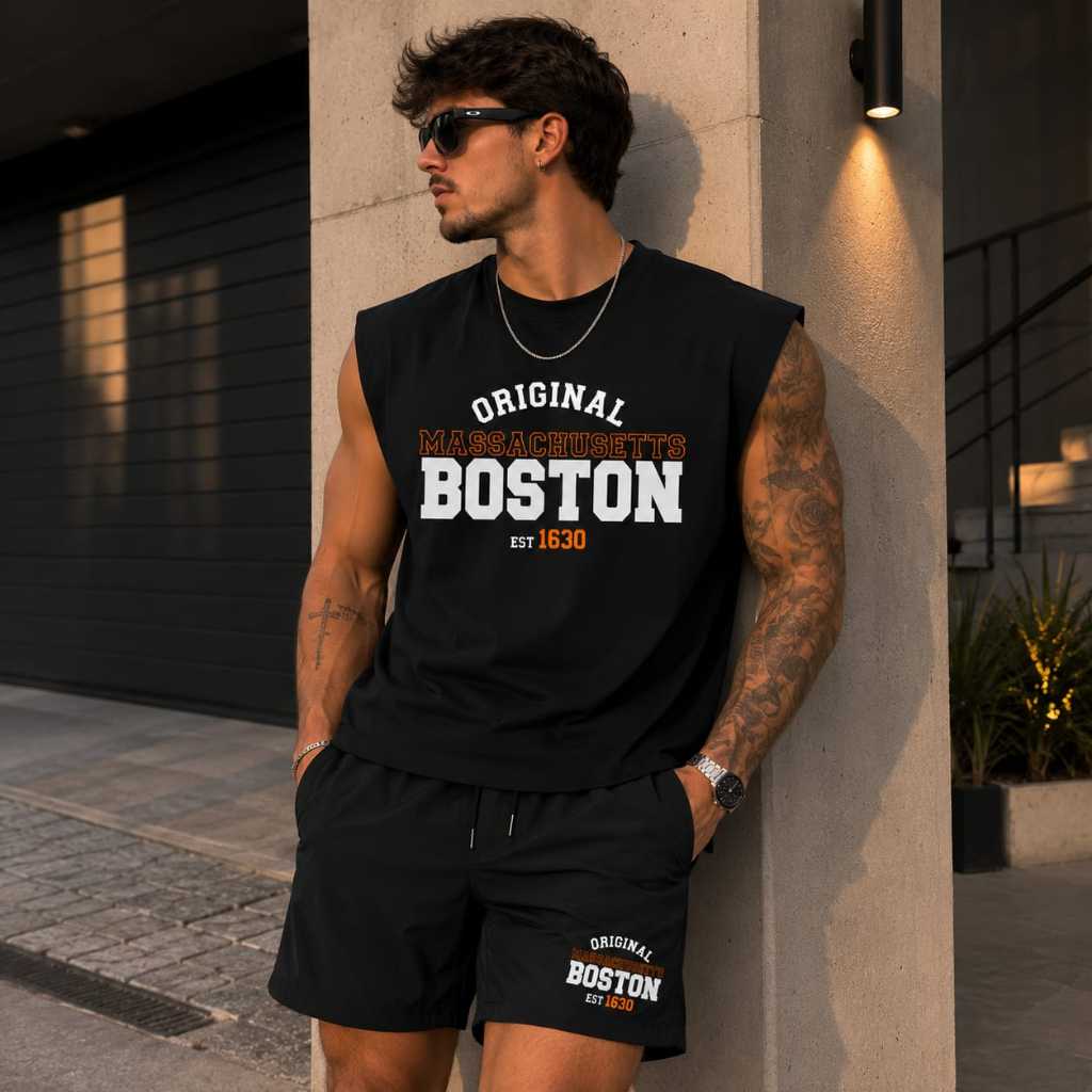 Conjunto Masculino Regata E Bermuda Estampado Boston Linha Premium 100% Algodão E Tactel Confortável Academia