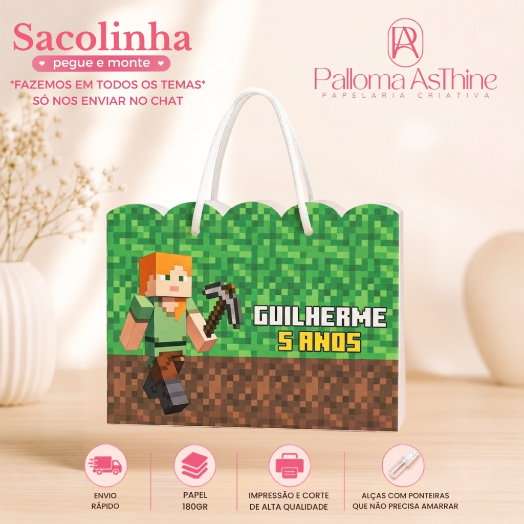 Sacolinha pegue/monte minicraft lembrancinha personalizada aniversário 20x15x7cm