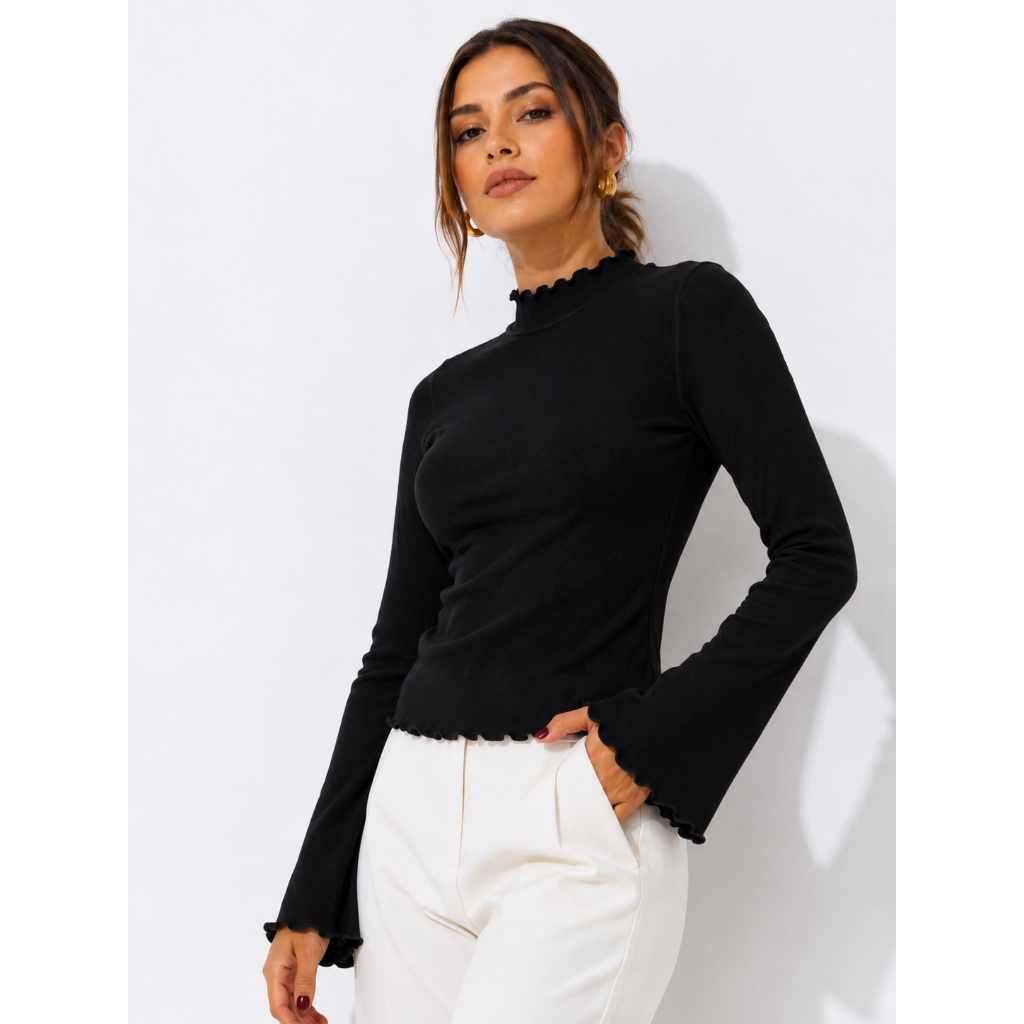 Blusa Feminia Manga Longa Fler Gola Alta Ideal para o Inverno Frio Segunda Pele Tecido Ribana Canelada