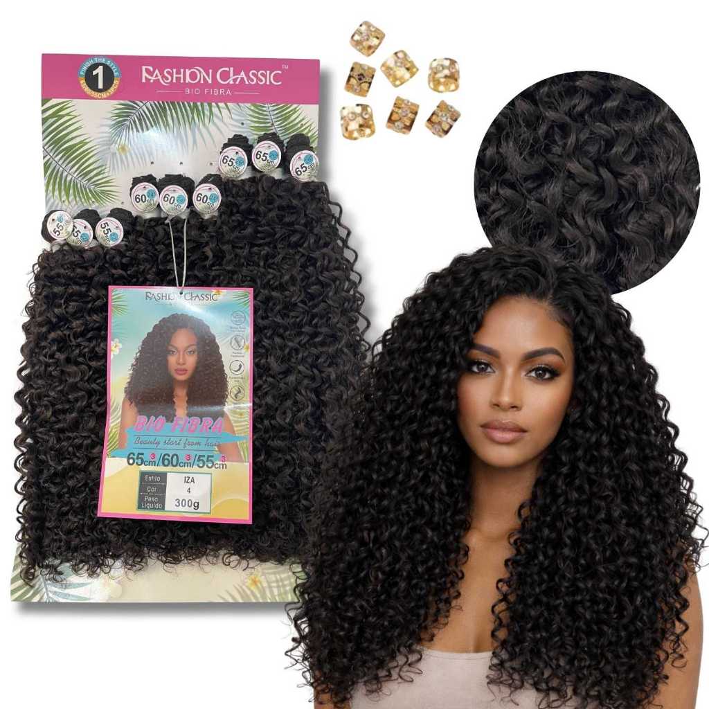 Cabelo Entrelace Tela Cacheado Volumoso Bio Fibra 65 cm 300g Aspecto Natural Cachos Definidos E Leves