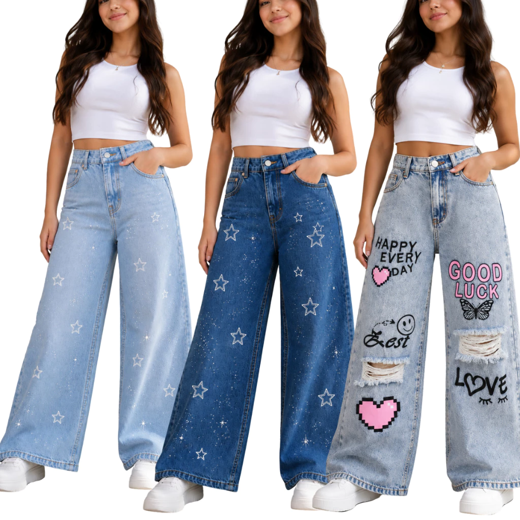 Kit 3 Calças Wide Leg Meninas Infantil e Juvenil Estampada Jeans