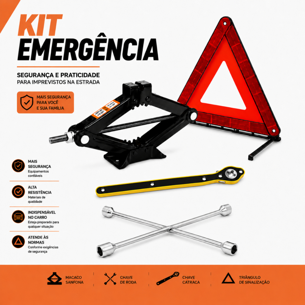 Kit Estepe Macaco Mecânico Sanfona 1.5T Universal 1500kg + Chave Roda Aço + Triangulo Sinalização
