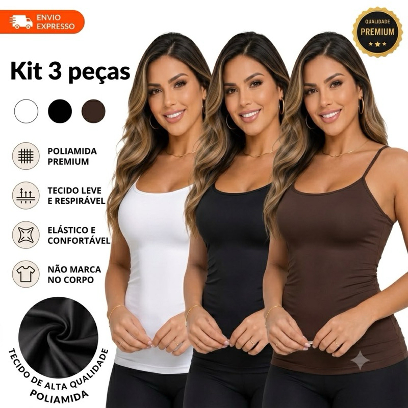 kit 3 Blusa Regata Alcinha Básica Com Forro Confortável Dia Dia Casual Verão Suplex Poliamida Com Forro