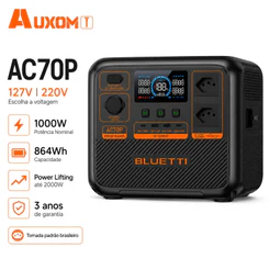 AUXOM Estação de Energia Portátil BLUETTI AC70P 1000W 864Wh LiFePO4 127V/220V UPS Gerador Solar