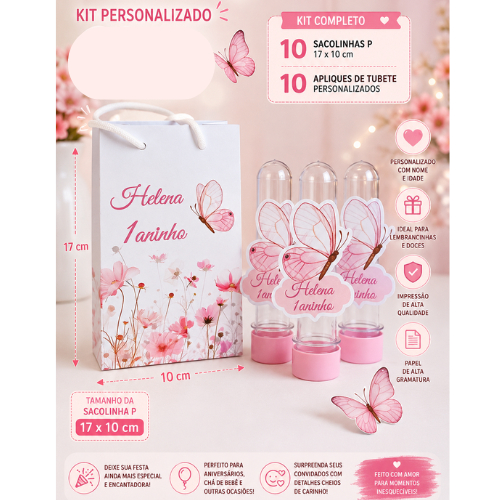 10 Sacolinhas +10 Apliques Tubete Lembrancinha Aniversário  Festa Personalizado Borboleta Rosa