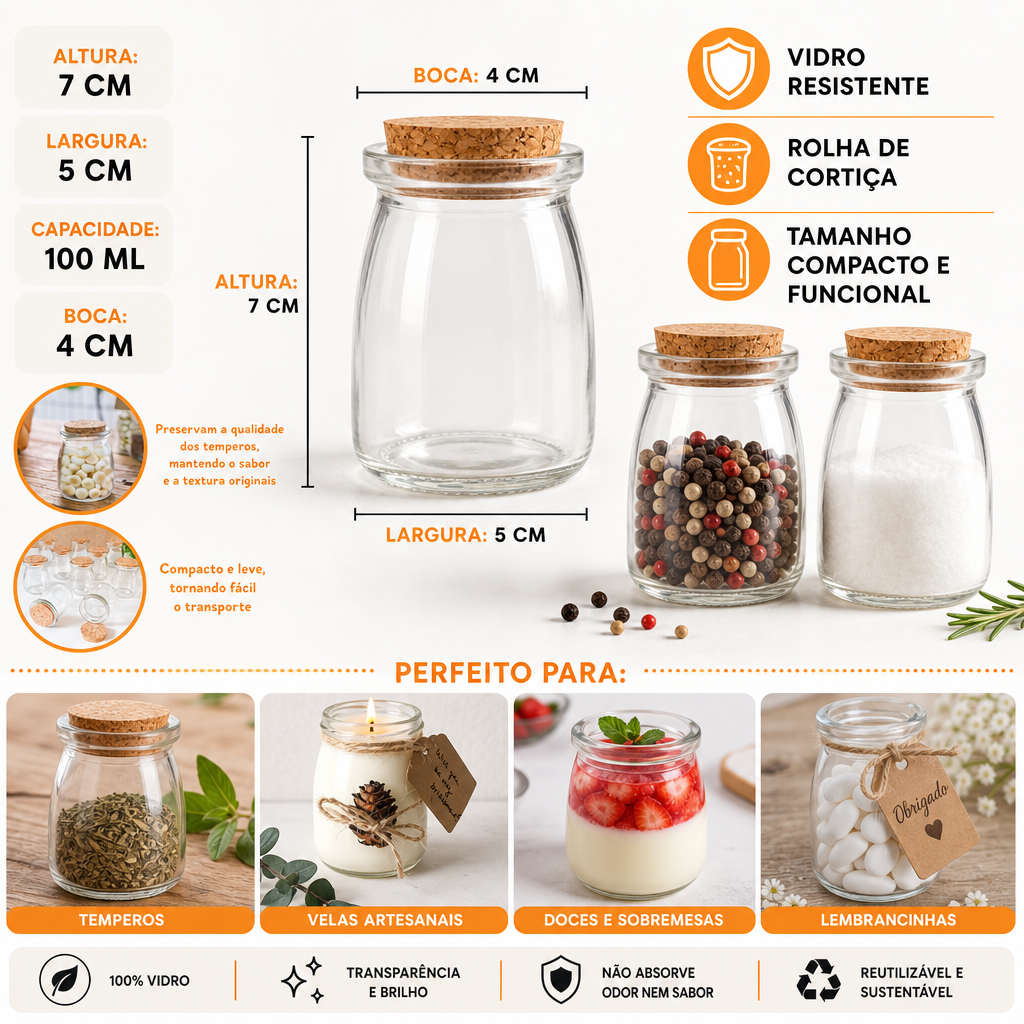 Kit Potes de Vidro Com Rolha Cortiça 100ml Temperos Condimentos Vela Artesanal Lembrancinhas Doces - Rizzo Distribuidora · foto 2