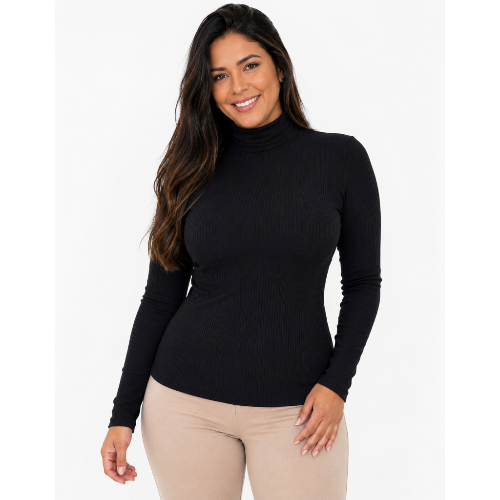 Blusa Canelada Manga Longa Feminina gola Alta Cacharrel Segunda Pele