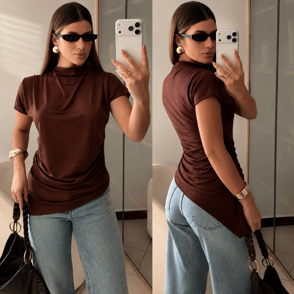 Blusa Feminina Assimétrica Ponta Gola Alta Elegante Básica Estilosa