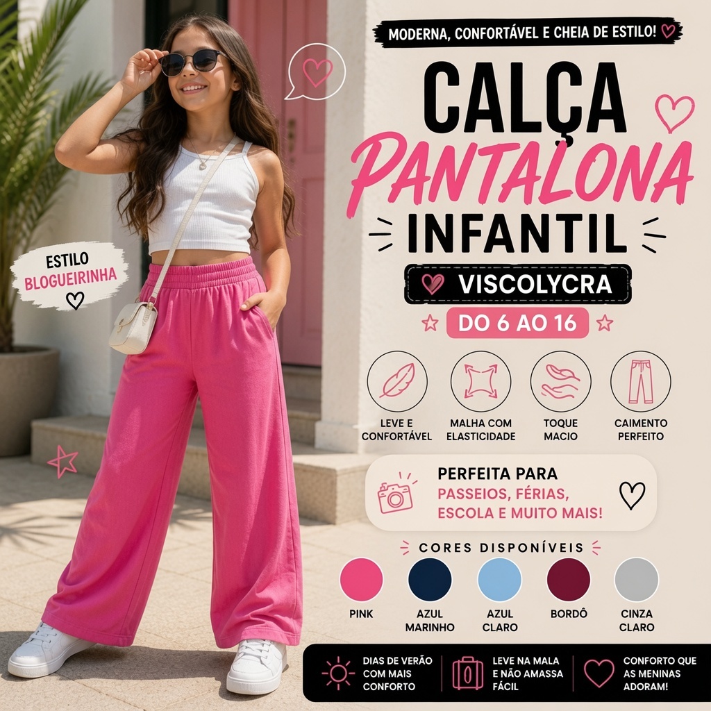 Calça Pantalona Infantil Menina Viscolycra Leve Confortável Passeio Verão Moda Tamanho 12 14 16