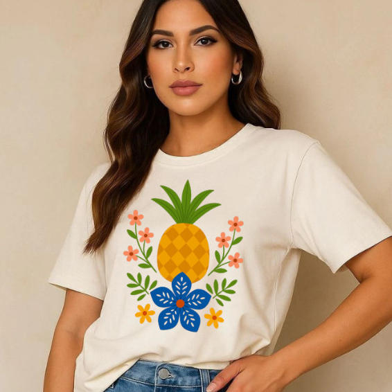 Camiseta Feminina Abacaxi Estampa Tropical Algodão Premium Moda Verão Confortável