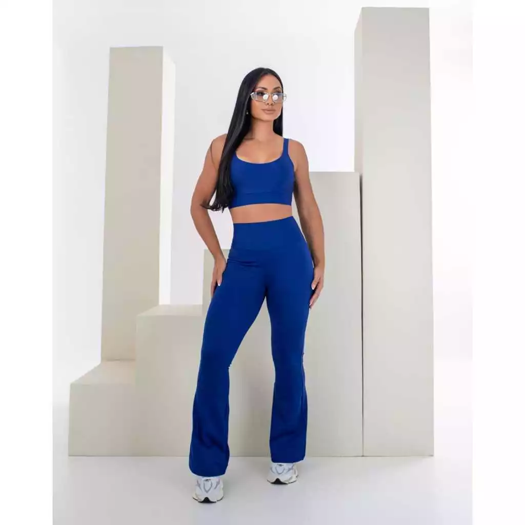 Conjunto Fitness Feminino Flare Cintura Alta com Top Premium Azul marinho — imagem 1