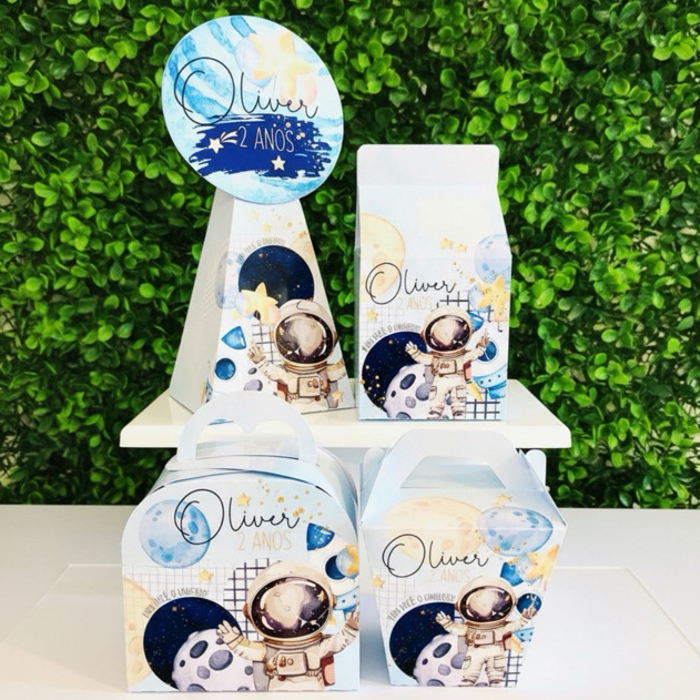 KIT FESTA LEMBRANCINHAS CAIXINHAS PERSONALIZADAS ASTRONAUTA (PEGUE E MONTE) | DECORAÇÃO DE MESA