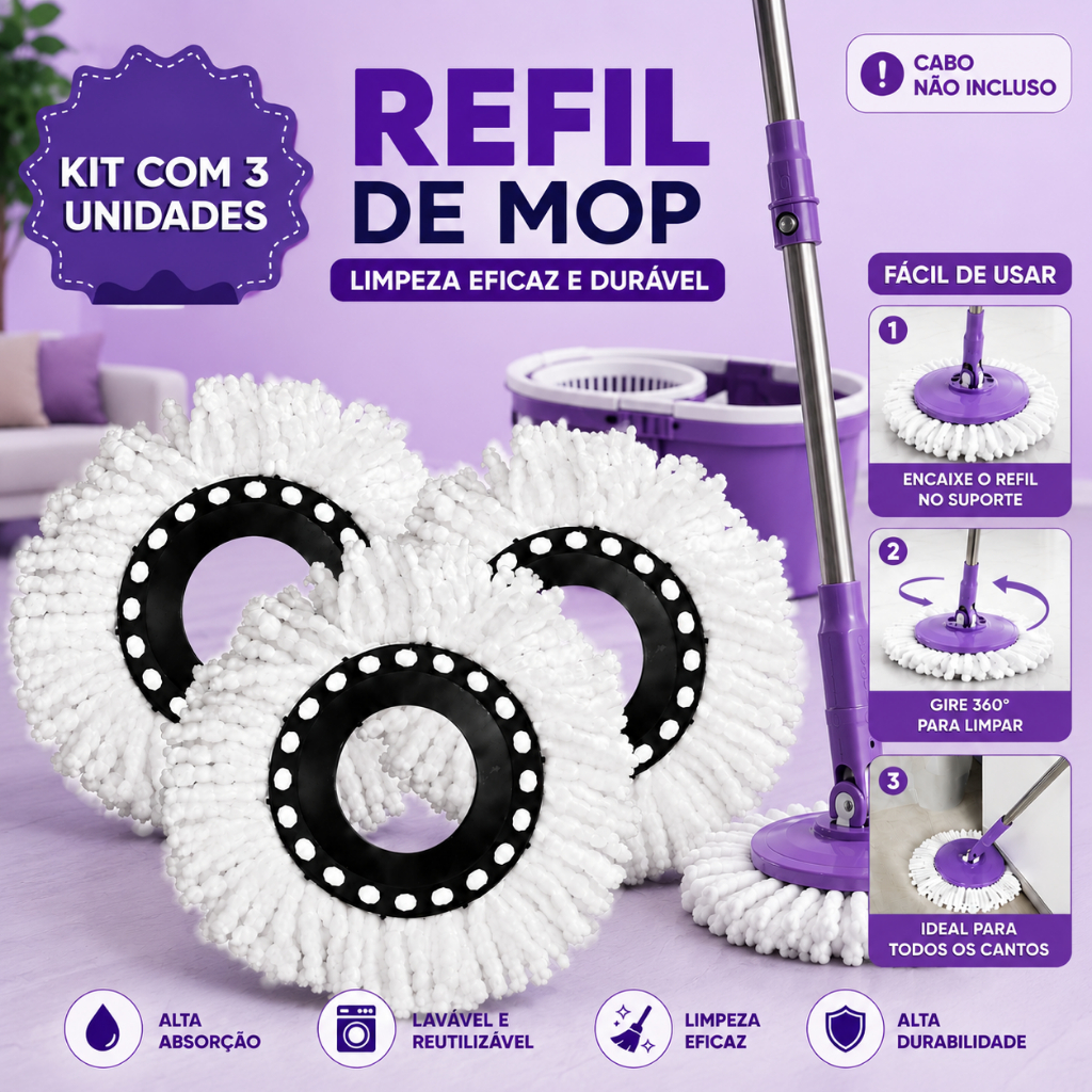 Kit 3 Refil para Mop Giratório 360° Microfibra Alta Absorção Lavável Reutilizável