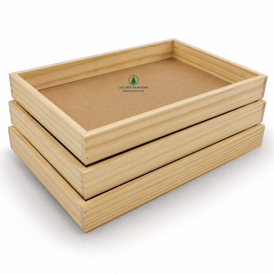 Kit 3 Bandeja Cesta Caixa Pinus 30x20x3 Café da Manhã Presente Mães Namorados Pais Organização