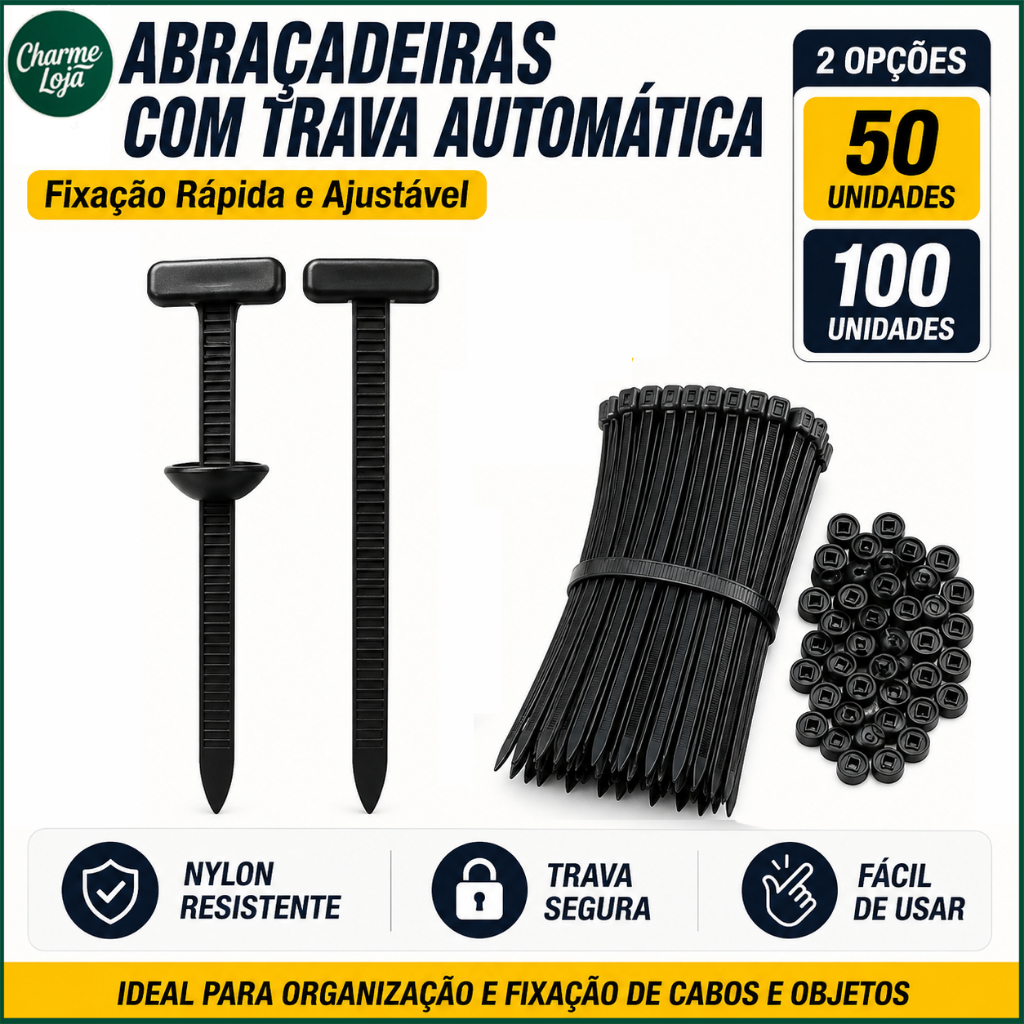 Kit 50 ou 100 Abraçadeiras de Nylon com Trava Automática Ajustável para Fixação
