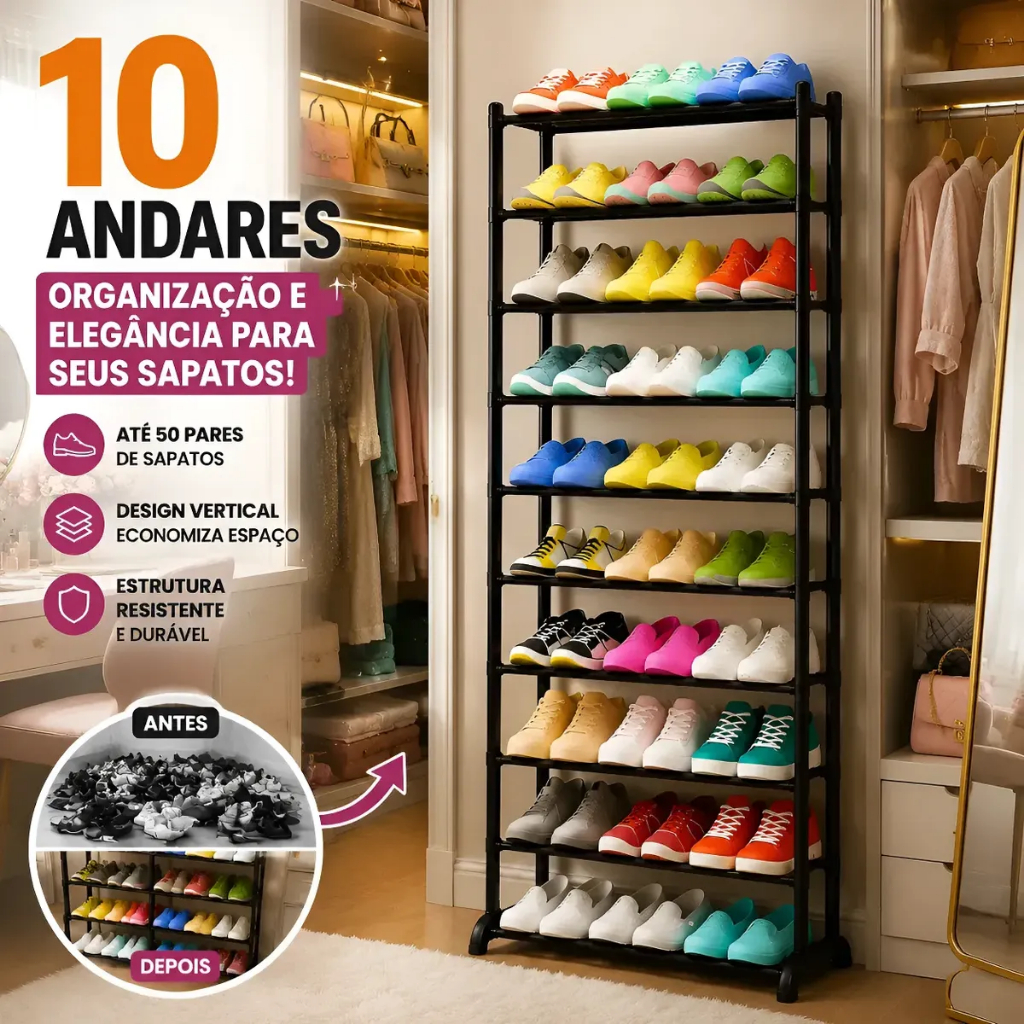 Sapateira Vertical 10 Andares Vertical Estante Organizadora Desmontável Organiza até 30 Pares Organização Total