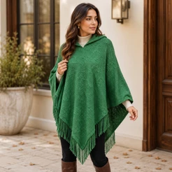 Xale Poncho Feminino com Touca Inverno Capa Tricô Quentinho Macio Elegante Triangular